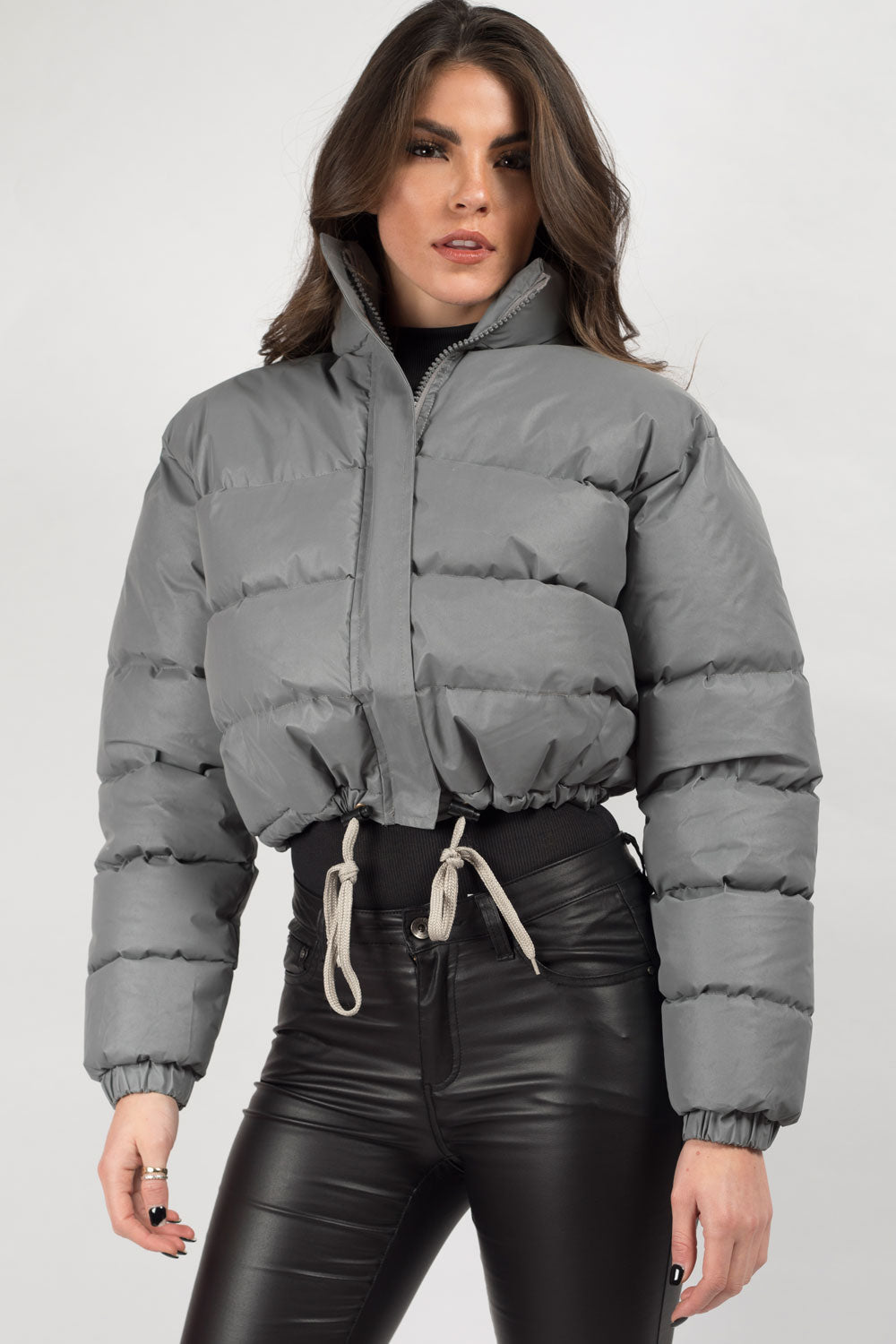 Black Padded Puffer Cropped Jacket Reflective