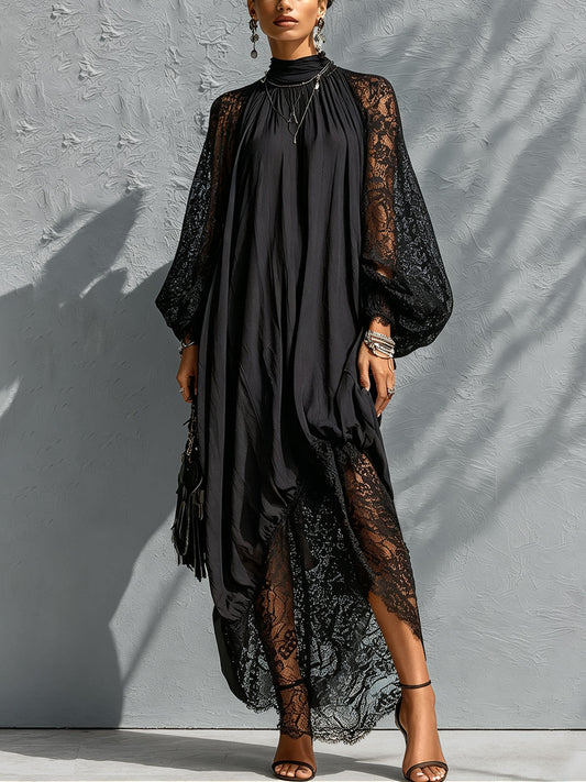 Black High-Neck Maxi Dress with Lace Trim