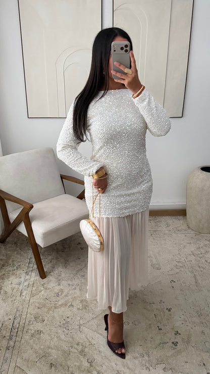 Robe A Sequins Plissee I Creme