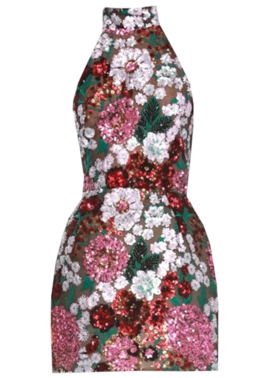 Halter Sequin Floral Dress Hot Pink Green
