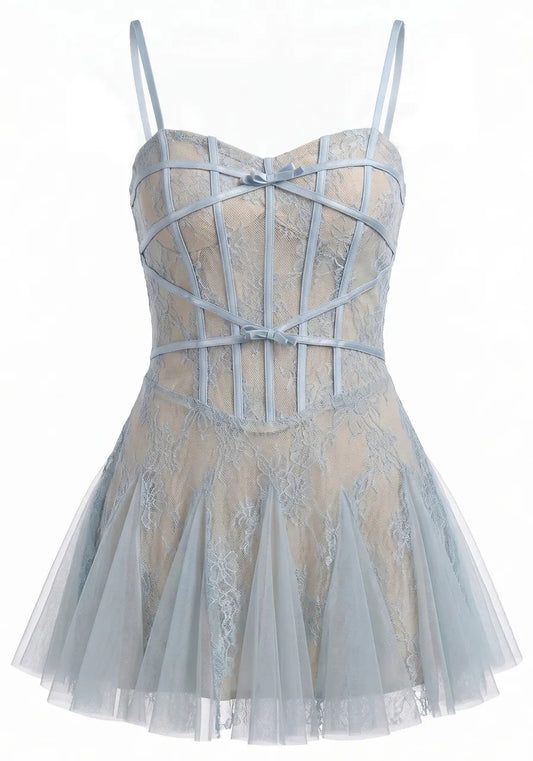 Lace Insert A Line Dress Blue