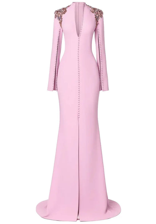 Long Sleeve Crystal Shoulders A Line Maxi Dress Pink