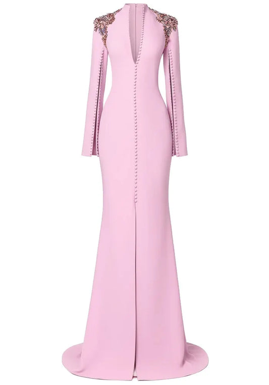 Long Sleeve Crystal Shoulders A Line Maxi Dress Pink