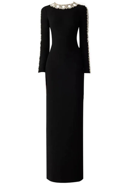 Long Sleeve Crystal Mesh Maxi Dress Black