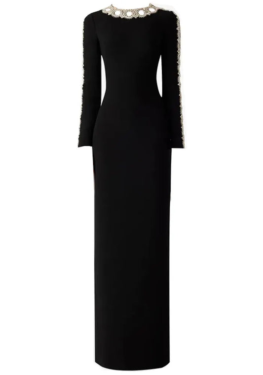 Long Sleeve Crystal Mesh Maxi Dress Black