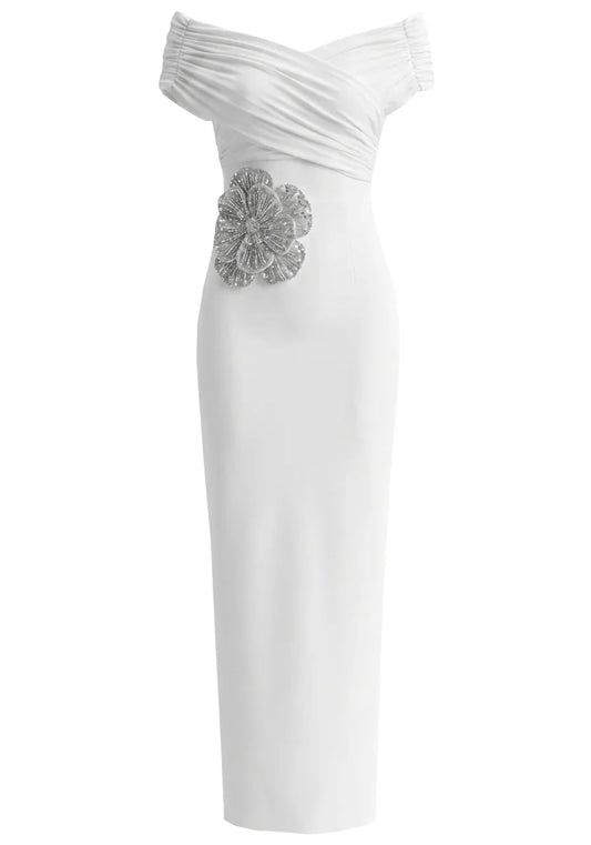 Draped Bardot Crystal Flower Maxi Dress White