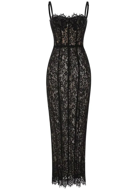 Lace Bustier Detail Maxi Dress Black