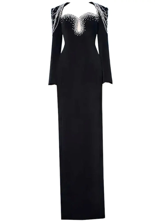 Long Sleeve Embellished Shoulders Maxi Dress Black