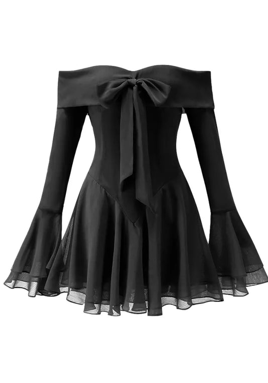 Long Sleeve Bardot A Line Dress Black
