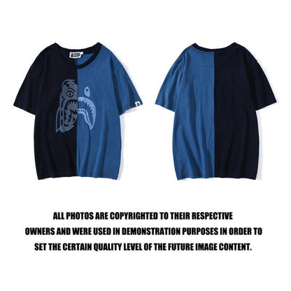Bathing Ape T-Shirt Tiger Head Shark Head Stitching Denim Color Short Sleeve T-shirt