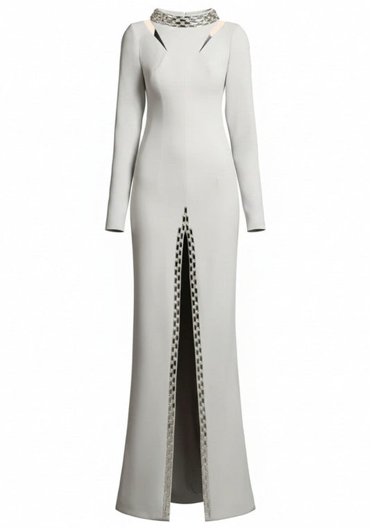 Long Sleeve Crystal Maxi Dress Light Grey