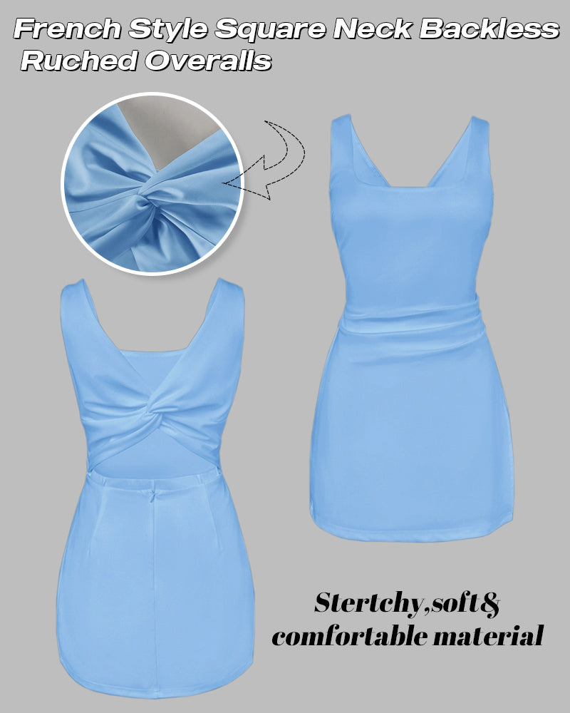French Style Square Neck Backless Zipper Back Overalls Twist Back Ruched Slim Fit Slit Faux Two-Piece Skort Romper