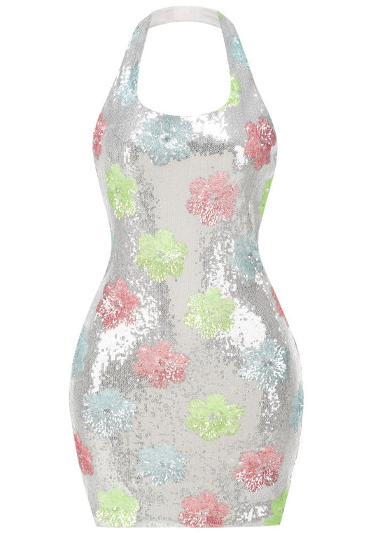 Halter Floral Sequin Dress Silver