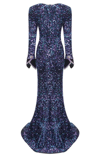 Long Sleeve Crystal Sequin Mermaid Maxi Dress Blue