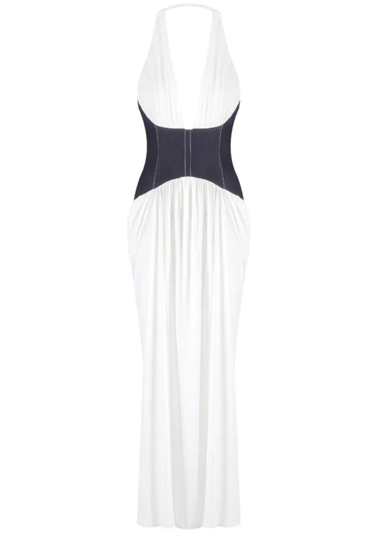 Halter Corset Draped Maxi Dress White