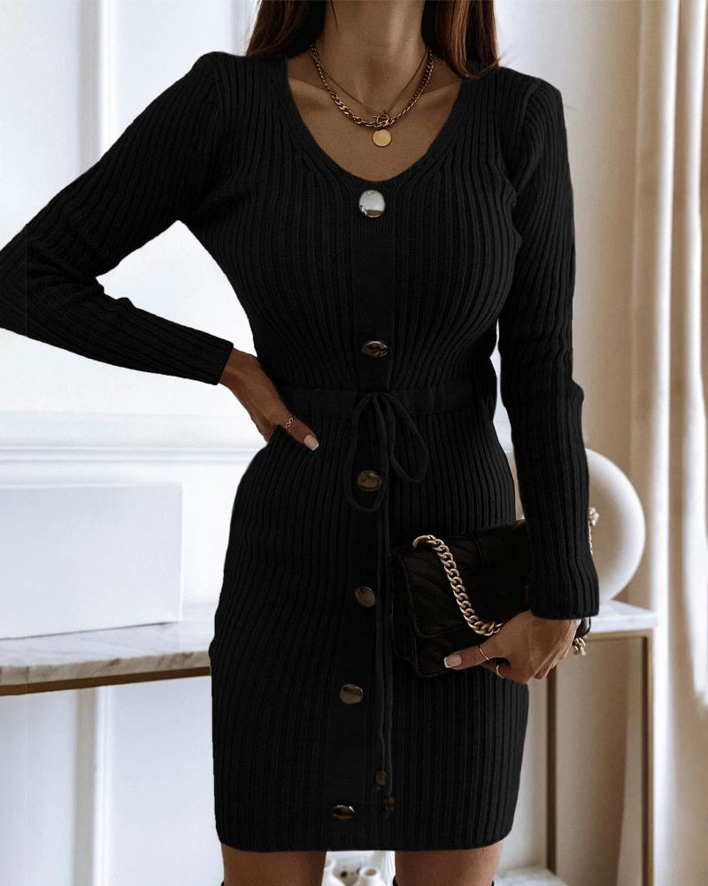 Button Decor V-Neck Long Sleeve Knit Bodycon Dress Drawstring Waist Ribbed Mini Dress