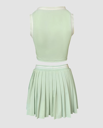 2 Pieces Outfit Round Neck Sleeveless Crop Tank Top and Elastic Waist Pleated Mini Skirt Set Casual Contrast Paneled Set
