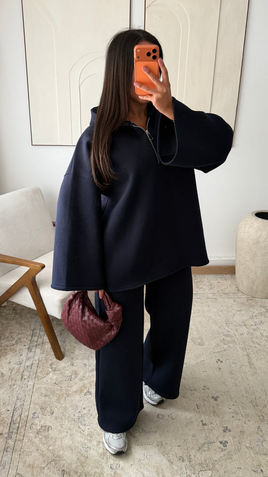 Ensemble Long A Zip Molletonne Bleu Marine