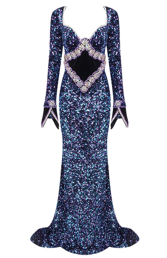 Long Sleeve Crystal Sequin Mermaid Maxi Dress Blue