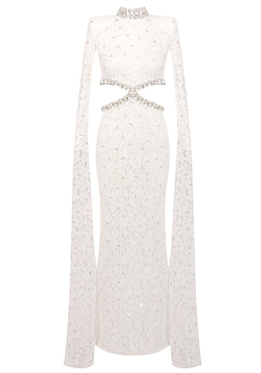 Cape Sleeve Crystal Lace Maxi Dress White