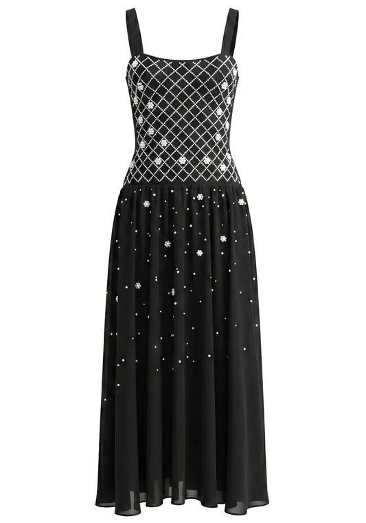 Crystal Embellished A Line Maxi Dress Black