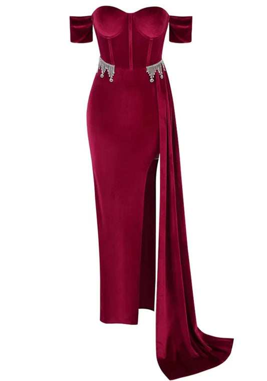 Bardot Structured Crystal Maxi Velvet Dress Red