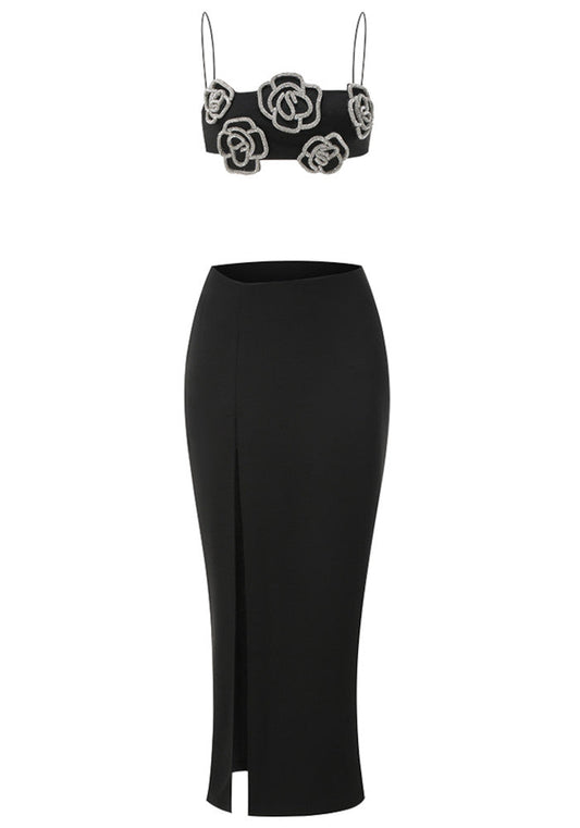 Crystal Floral Two Piece Maxi Dress Black