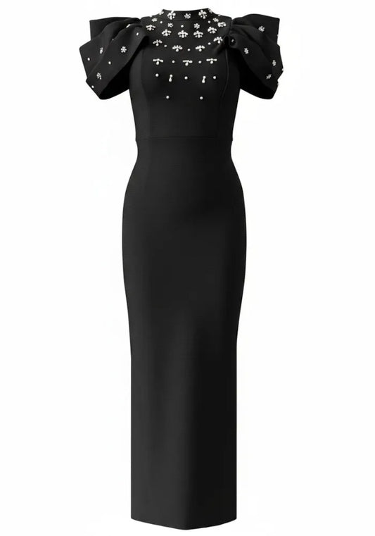 Draped Short Sleeve Crystal Maxi Dress Black