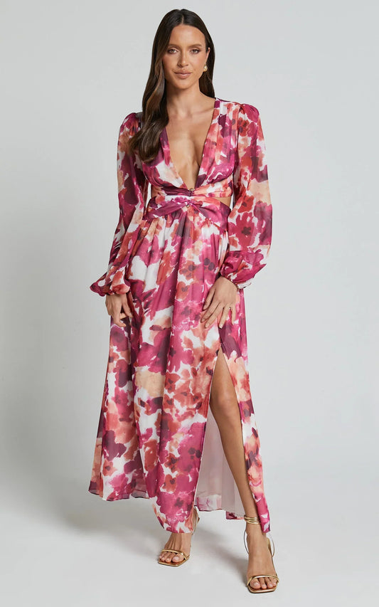Emilee Midi Dress - Side Cut Out Long Sleeve Plunge Dress in Purple Floral