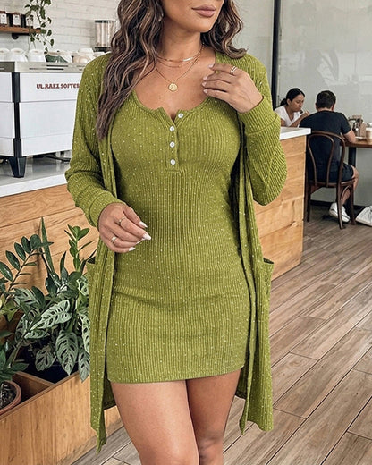 2 Pieces Outfit U-Neck Half Button Front Slim Fit Mini Tank Dress and Long Sleeve Pockets Design Cardigan Casual Rhinestone Decor Textured Set