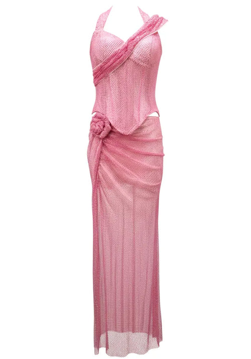 Halter Sparkly Two Piece Maxi Dress Pink