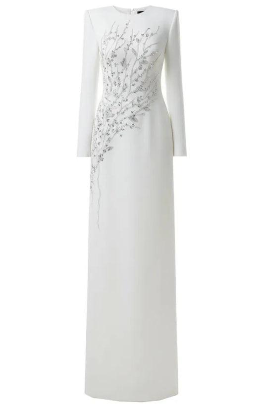 Long Sleeve Crystal Floral Maxi Dress White
