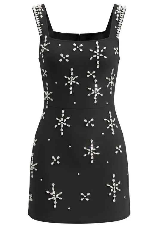 Crystal Embellished Mini Dress Black
