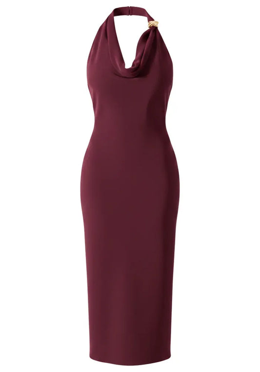 Halter Draped Design Midi Dress Burgundy