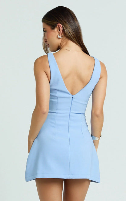 Freddie Mini Dress - Boat Neck Fit and Flare Dress in Blue