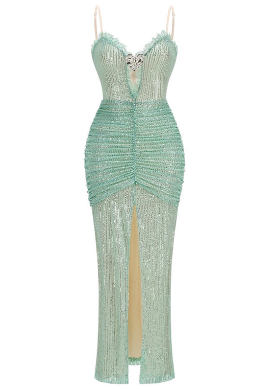 Lace Ruched Sequin Maxi Dress Green