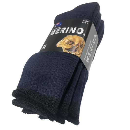 3 Pairs Navy Blue Merino Wool Socks - Mens Heavy Duty Premium Thick Work Socks w/ Cushion