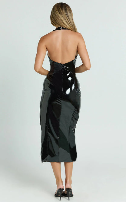 Carey Midi Dress - PU Plunge Halter Low Back High Split Dress in Black