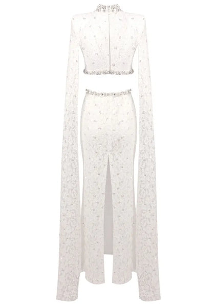 Cape Sleeve Crystal Lace Maxi Dress White