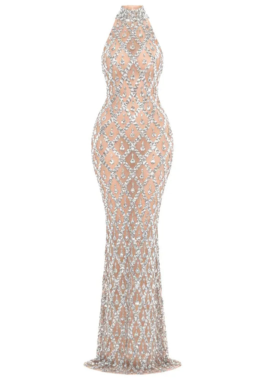 Halter Crystal Embellished Maxi Dress Nude