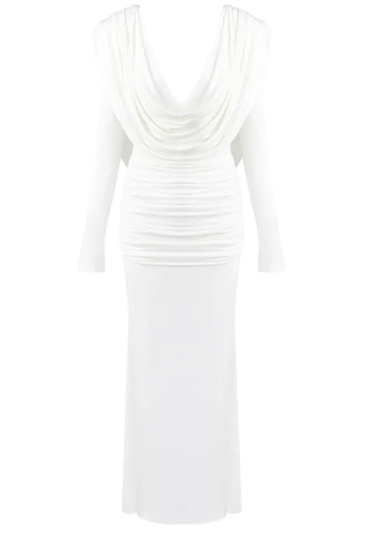 Long Sleeve Draped Backless Maxi Dress White