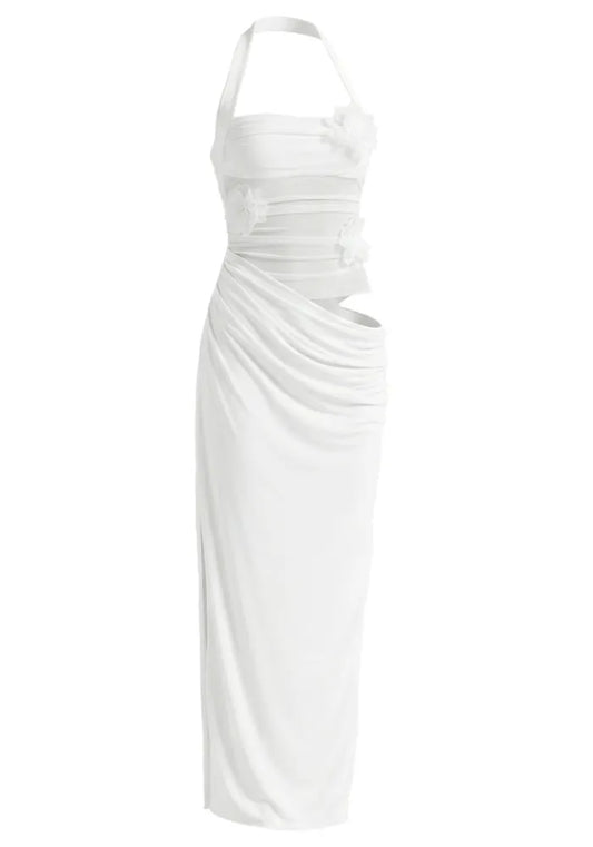 Halter Floral Mesh Maxi Dress White
