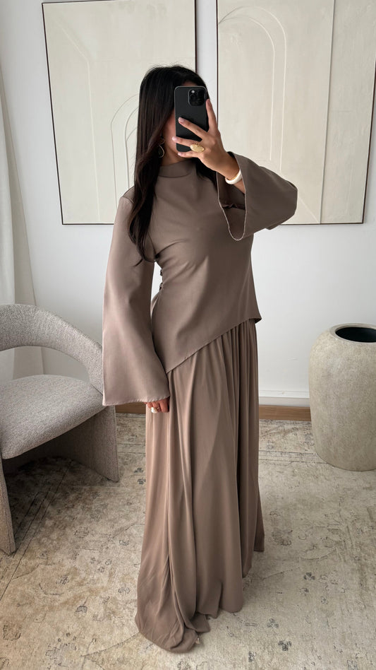 Ensemble Elegant Top Structure Jupe Fluide Doublee I Taupe