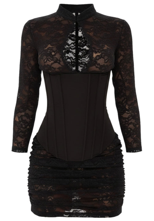 Long Sleeve Draped Lace Corset Dress Black