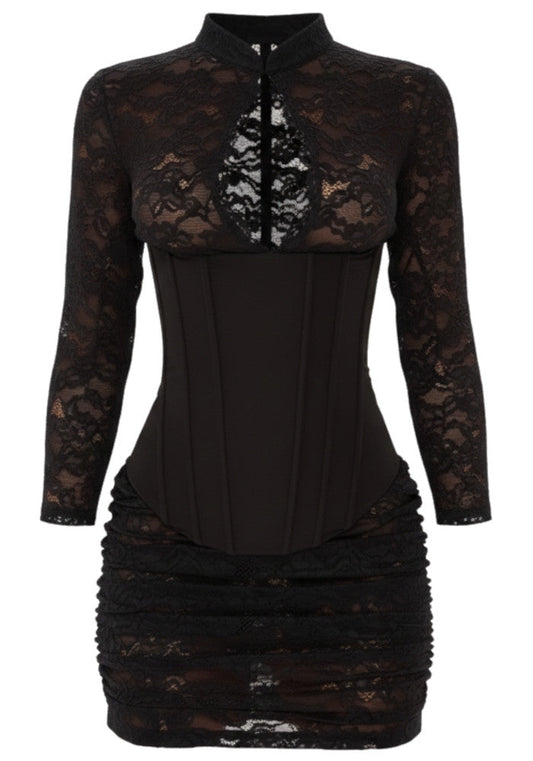 Long Sleeve Draped Lace Corset Dress Black