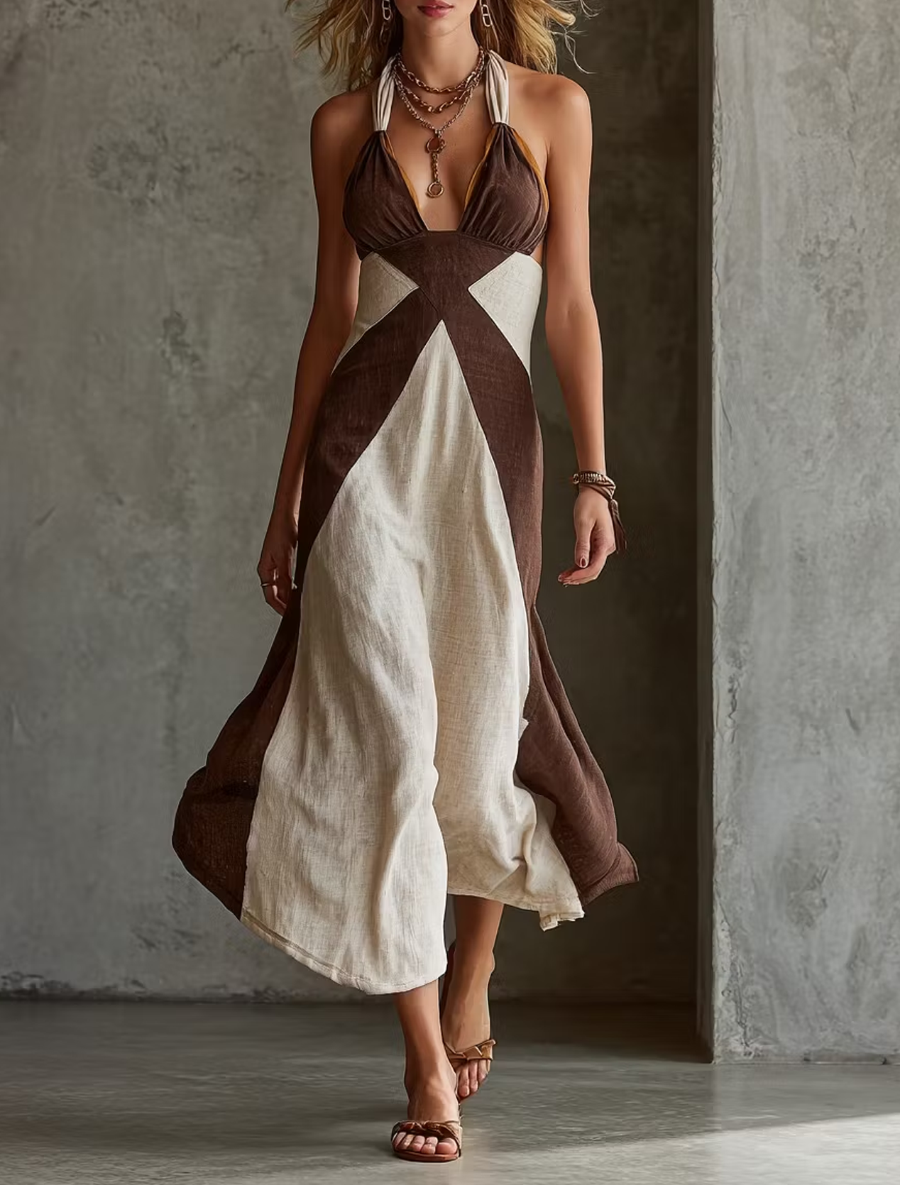 Beige Color Block Halter Maxi Dress