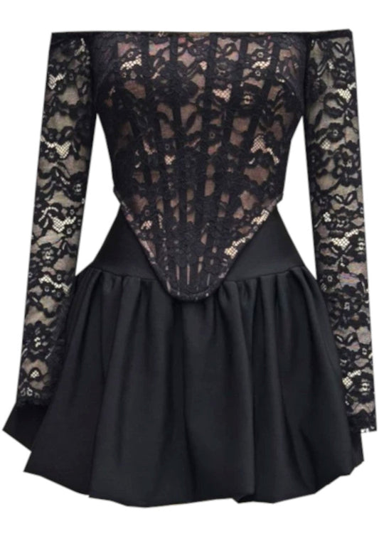 Long Sleeve Bardot Lace Corset Two Piece Dress Black