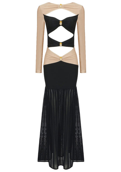 Long Sleeve Cut Out Detail Maxi Dress Black Nude