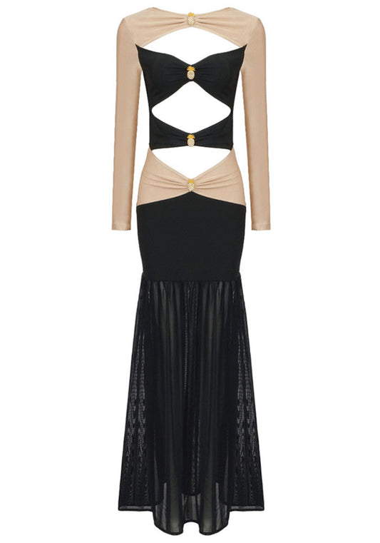 Long Sleeve Cut Out Detail Maxi Dress Black Nude