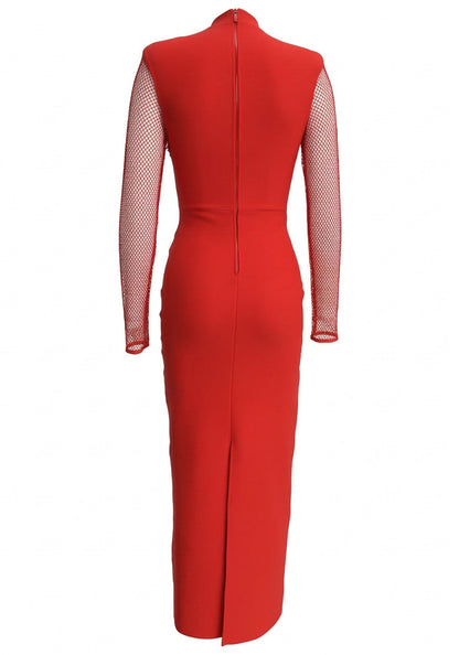 Long Sleeve Crystal Floral Detail Maxi Dress Red